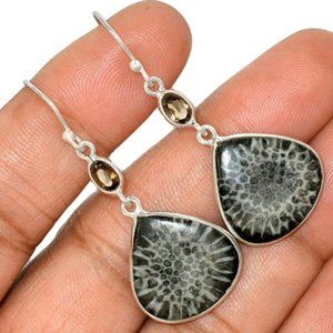 Natural Fossil Coral Earrings with Smokey Topaz